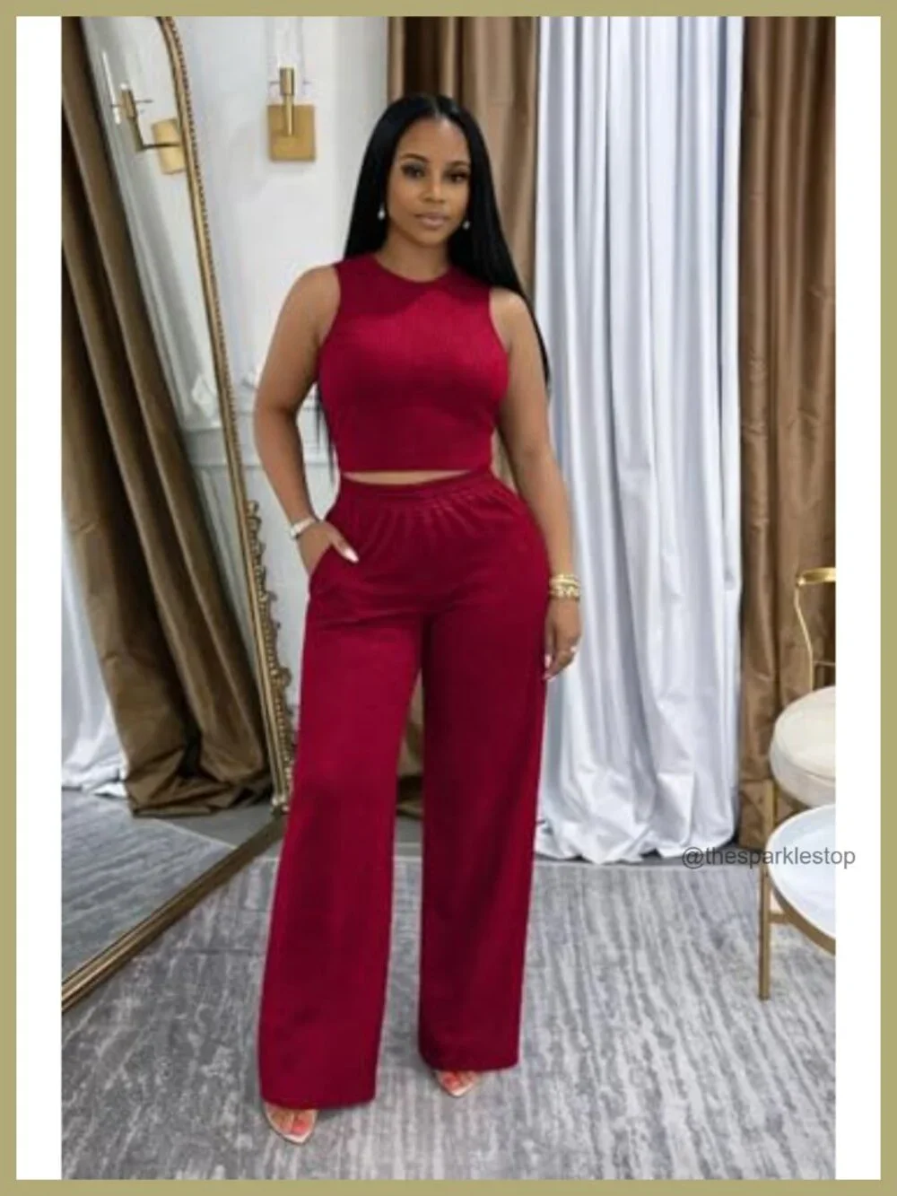 Women's Sleeveless 2 Piece Lounge Set Ribbed Tank Wide Leg Pants Casual